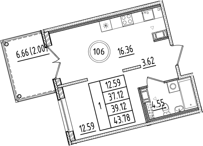 Планировка — Образцовый квартал, 2-комн., 37 м²