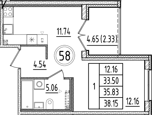 Планировка — Образцовый квартал, 1-комн., 34 м²