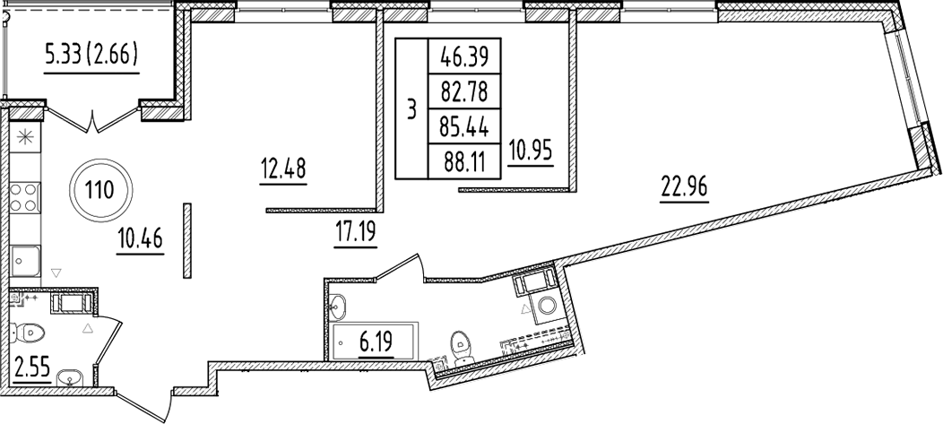 Планировка — Образцовый квартал, 3-комн., 83 м²