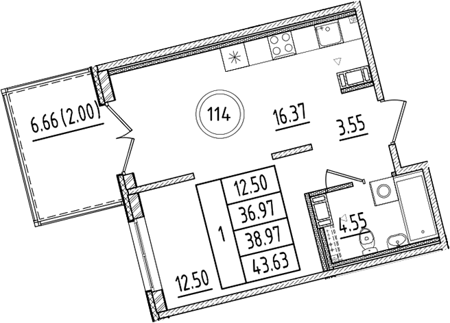 Планировка — Образцовый квартал, 2-комн., 37 м²