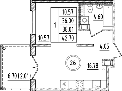 Планировка — Образцовый квартал, 2-комн., 36 м²