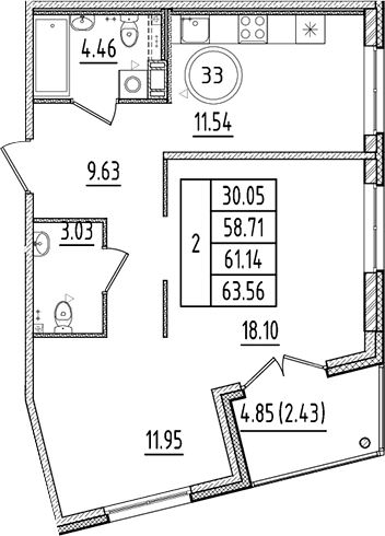 Планировка — Образцовый квартал, 2-комн., 59 м²