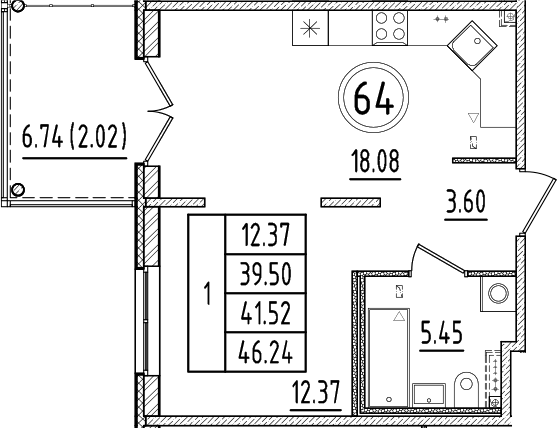 Планировка — Образцовый квартал, 2-комн., 40 м²