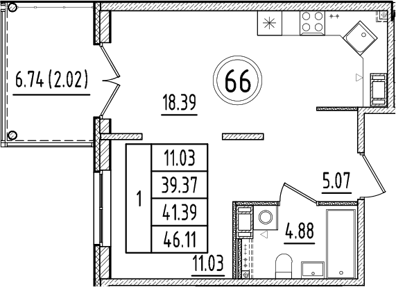 Планировка — Образцовый квартал, 2-комн., 39 м²
