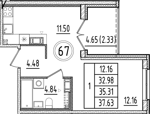 Планировка — Образцовый квартал, 1-комн., 33 м²