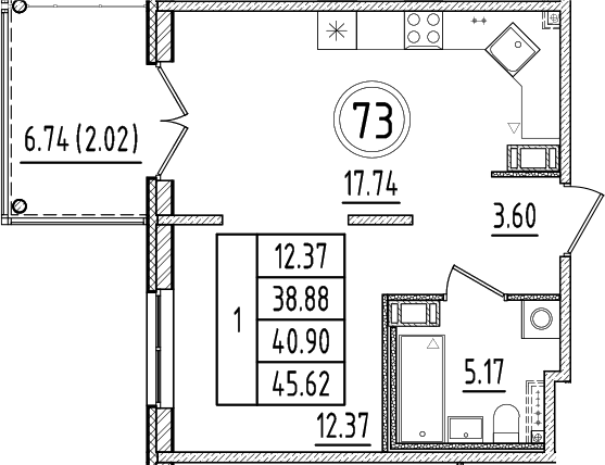 Планировка — Образцовый квартал, 2-комн., 39 м²
