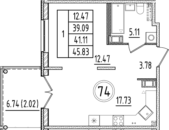 Планировка — Образцовый квартал, 2-комн., 39 м²