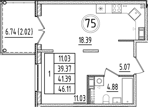 Планировка — Образцовый квартал, 2-комн., 39 м²