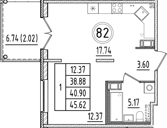Планировка — Образцовый квартал, 2-комн., 39 м²