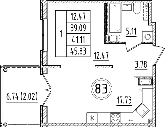 Планировка — Образцовый квартал, 2-комн., 39 м²