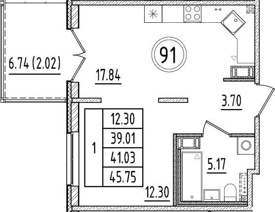 Планировка — Образцовый квартал, 2-комн., 39 м²
