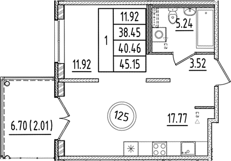 Планировка — Образцовый квартал, 2-комн., 38 м²