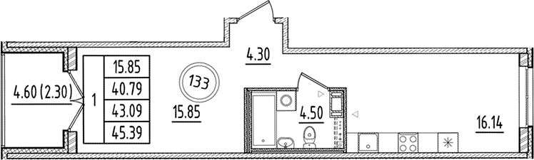 Планировка — Образцовый квартал, 2-комн., 41 м²