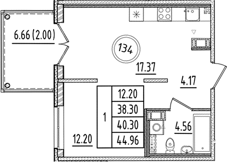 Планировка — Образцовый квартал, 2-комн., 38 м²