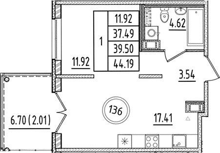 Планировка — Образцовый квартал, 2-комн., 37 м²