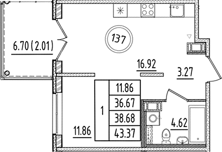 Планировка — Образцовый квартал, 2-комн., 37 м²