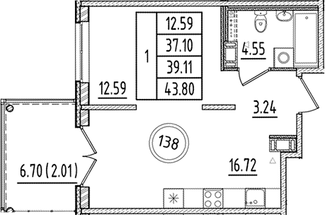 Планировка — Образцовый квартал, 2-комн., 37 м²