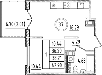 Планировка — Образцовый квартал, 2-комн., 36 м²