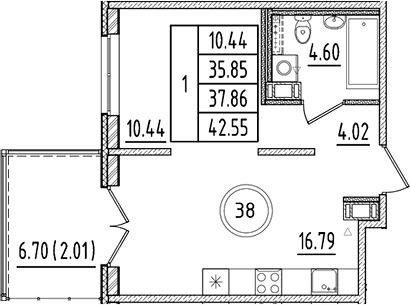 Планировка — Образцовый квартал, 2-комн., 36 м²