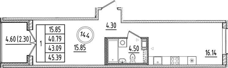 Планировка — Образцовый квартал, 2-комн., 41 м²