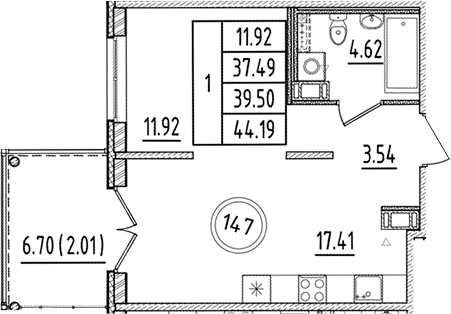 Планировка — Образцовый квартал, 2-комн., 37 м²