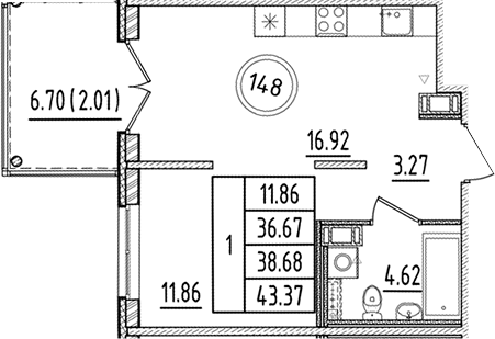 Планировка — Образцовый квартал, 2-комн., 37 м²