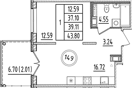 Планировка — Образцовый квартал, 2-комн., 37 м²