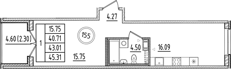 Планировка — Образцовый квартал, 2-комн., 41 м²