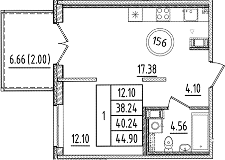 Планировка — Образцовый квартал, 2-комн., 38 м²