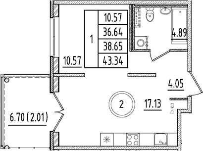 Планировка — Образцовый квартал, 2-комн., 37 м²