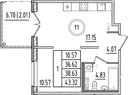 Планировка — Образцовый квартал, 2-комн., 37 м²