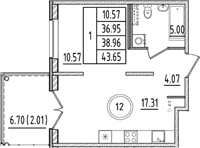 Планировка — Образцовый квартал, 2-комн., 37 м²