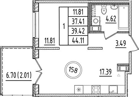 Планировка — Образцовый квартал, 2-комн., 37 м²