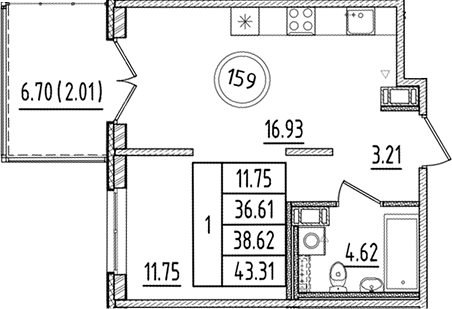 Планировка — Образцовый квартал, 2-комн., 37 м²