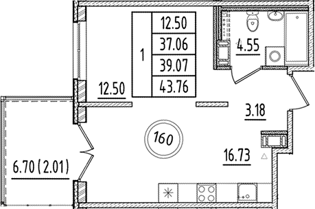 Планировка — Образцовый квартал, 2-комн., 37 м²