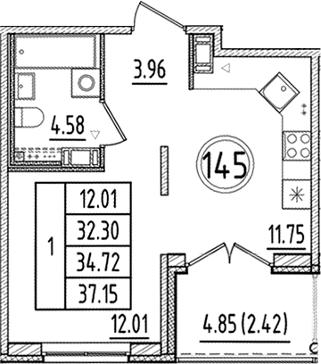 Планировка — Образцовый квартал, 1-комн., 32 м²