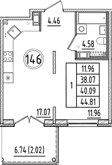 Планировка — Образцовый квартал, 2-комн., 38 м²