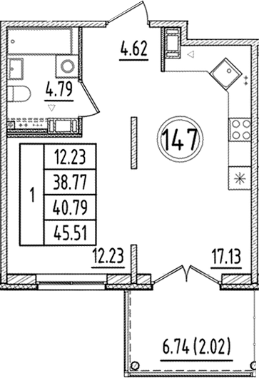Планировка — Образцовый квартал, 2-комн., 39 м²