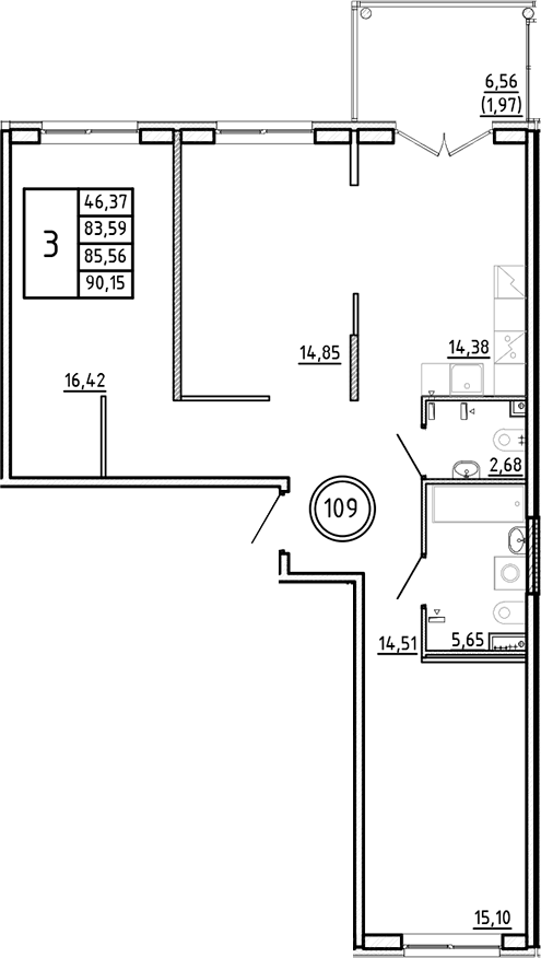 Планировка — Образцовый квартал, 3-комн., 84 м²