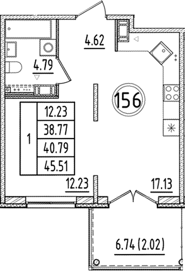 Планировка — Образцовый квартал, 2-комн., 39 м²