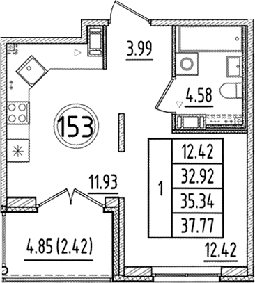 Планировка — Образцовый квартал, 1-комн., 33 м²