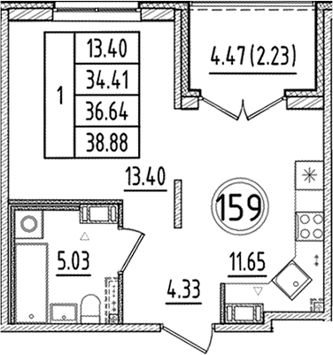 Планировка — Образцовый квартал, 1-комн., 34 м²