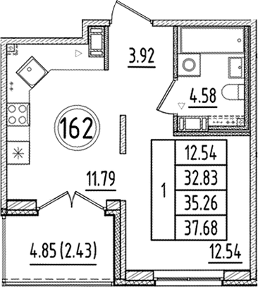 Планировка — Образцовый квартал, 1-комн., 33 м²