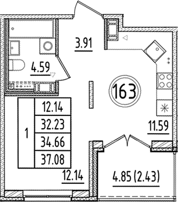 Планировка — Образцовый квартал, 1-комн., 32 м²