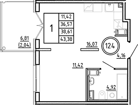 Планировка — Образцовый квартал, 2-комн., 37 м²
