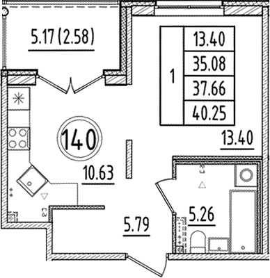 Планировка — Образцовый квартал, 1-комн., 35 м²
