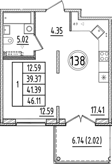 Планировка — Образцовый квартал, 2-комн., 39 м²