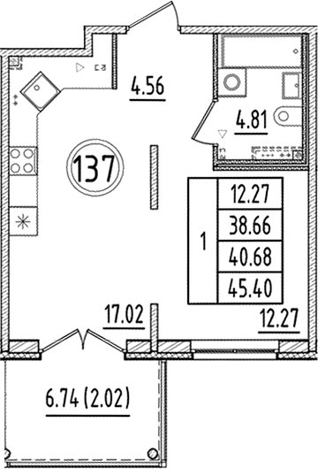 Планировка — Образцовый квартал, 2-комн., 39 м²