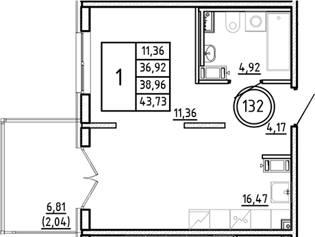 Планировка — Образцовый квартал, 2-комн., 37 м²