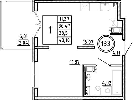 Планировка — Образцовый квартал, 2-комн., 36 м²